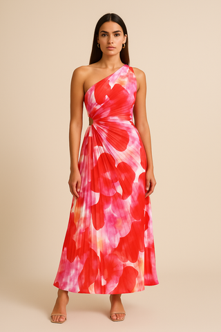 Signe Kjole | Plisseret one-shoulder kjole med blomstermønster